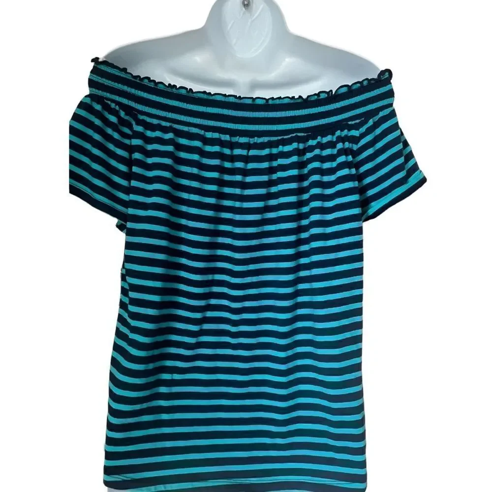 NWT Liz Claiborne Off Shoulder Stripe Top Blue Teal Boho Casual Stretch Blouse L